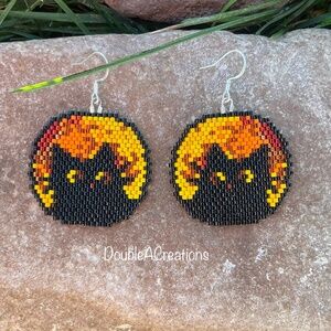 Black Cat in the Moon Beaded Earrings, New, Handmade by Me